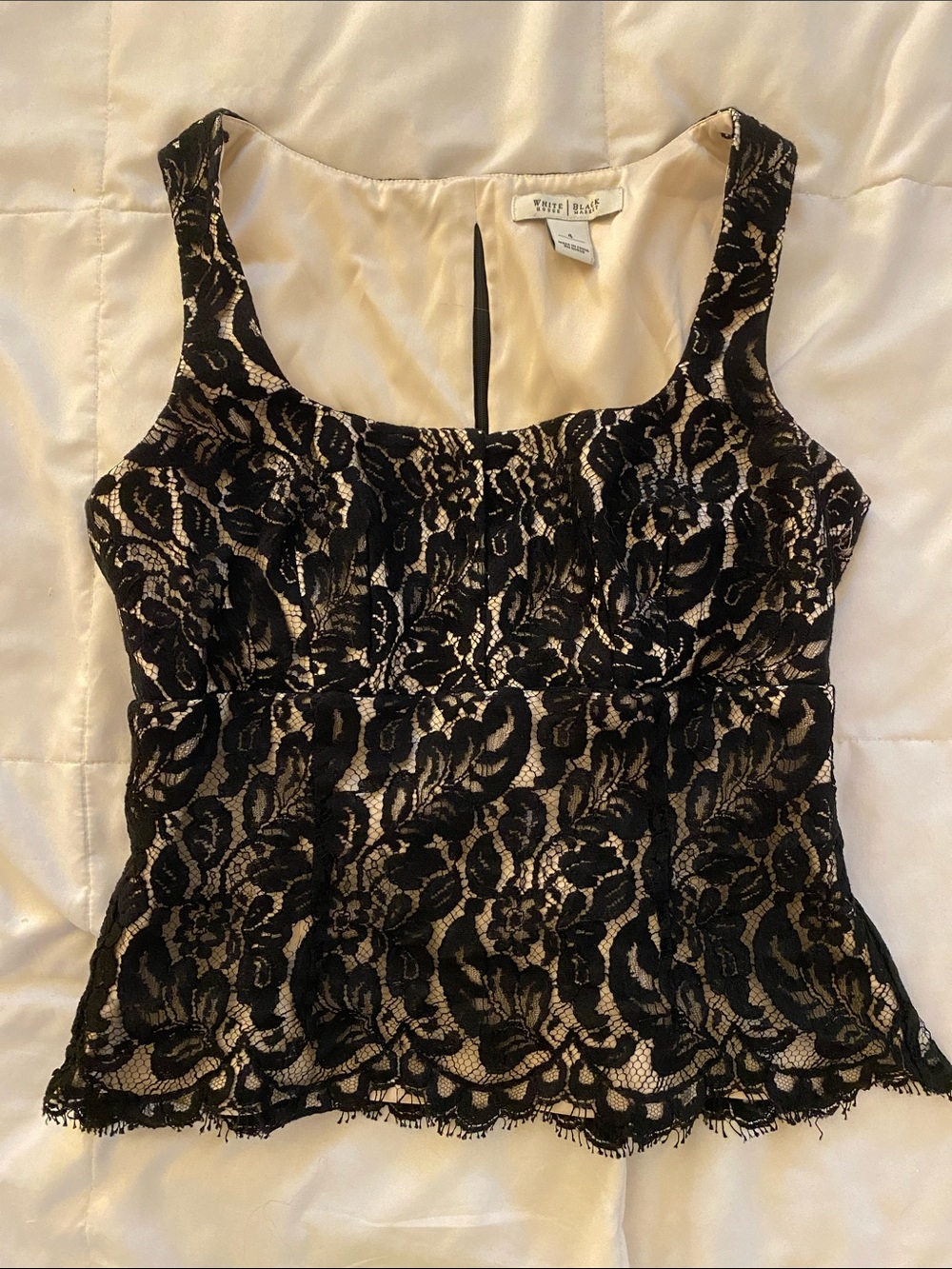 White House Black Market Black Lace Camisole with Nude Underlay